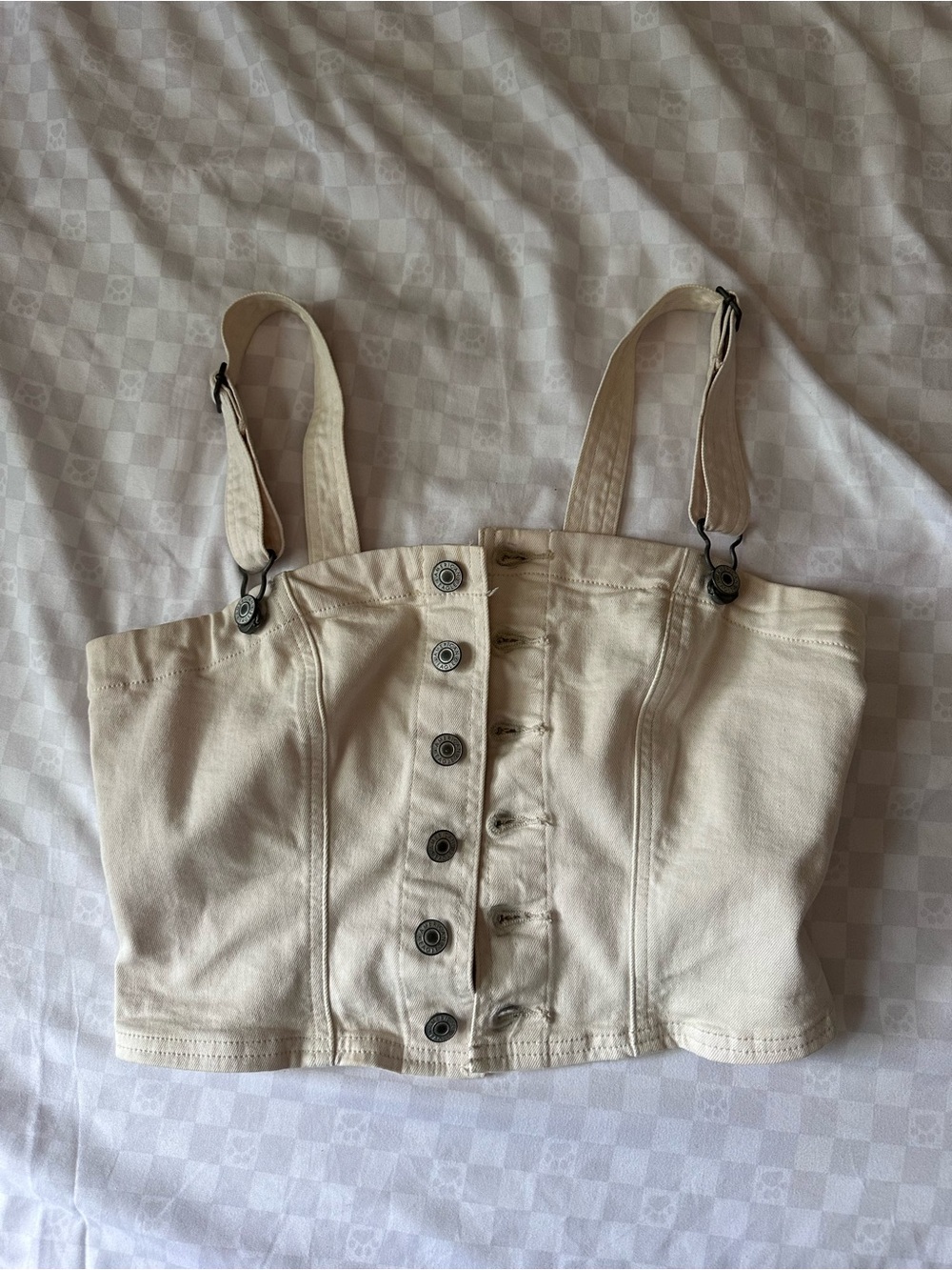 American Eagle Cream Denim Button Down Crop Top Smocked Overalls Straps